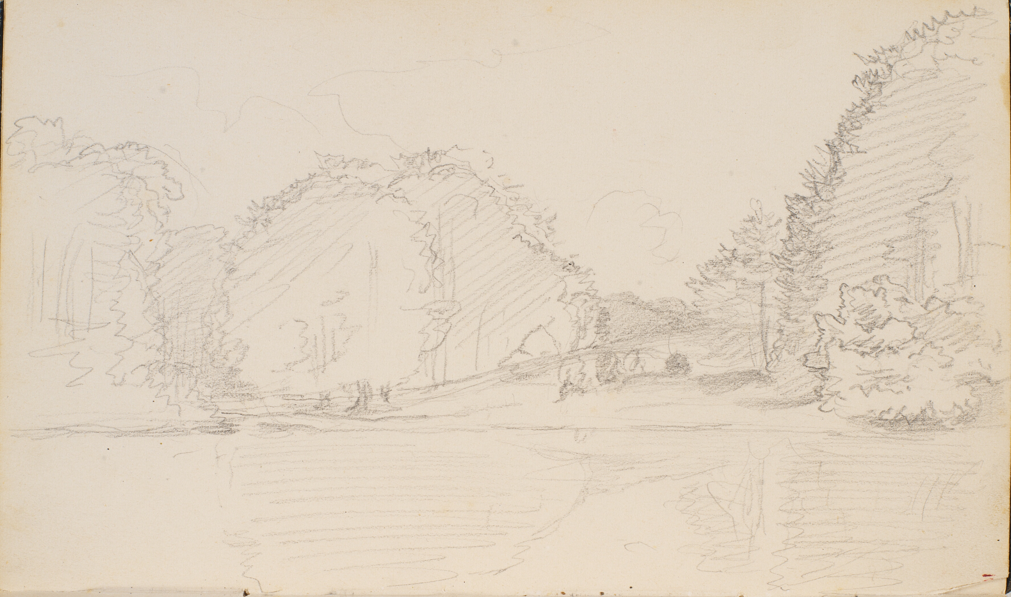 En sø. På bredden store træer og græs